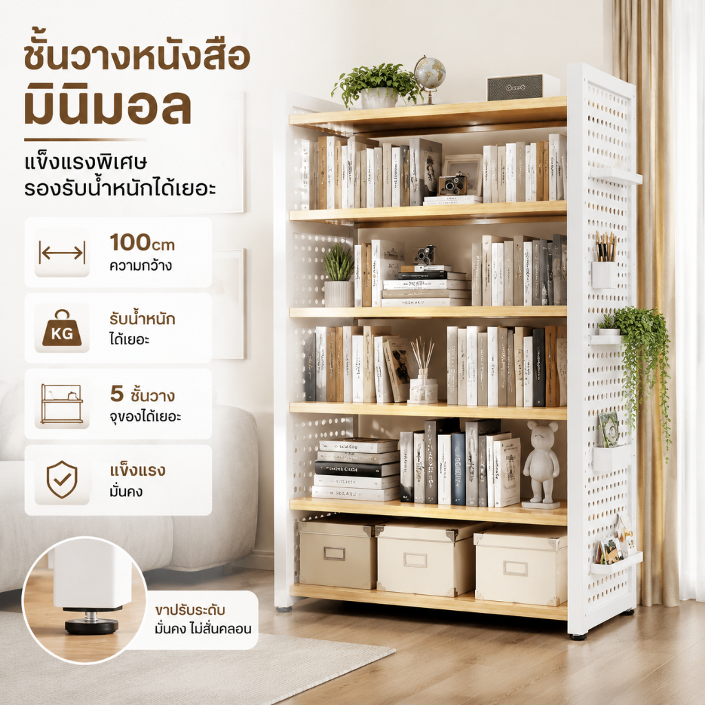 YYM ชั้นวางหนังสือ เหล็ก แผ่นไม้หนา พร้อม Pegboard DIY ปรับความสูงได้ เฟอร์นิเจอร์แต่งบ้านสำหรับครอบครัว ปรับระดับได้