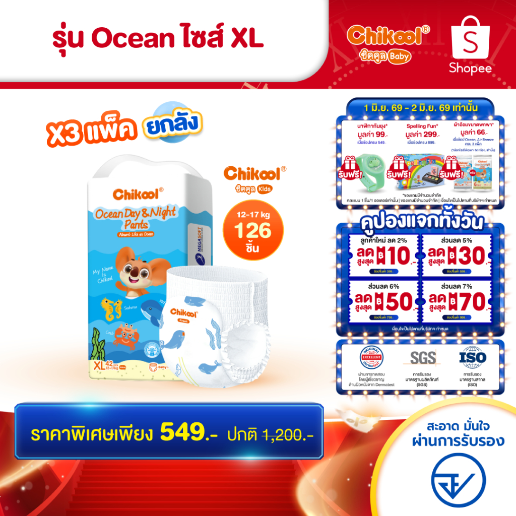 [ขายยกลัง x3 แพ็ค] Chikool Ocean Day&Night Pants ชิคคูล กางเกงผ้าอ้อมเด็ก โอเชียน เดย์&ไนท์ ไซส์ XL