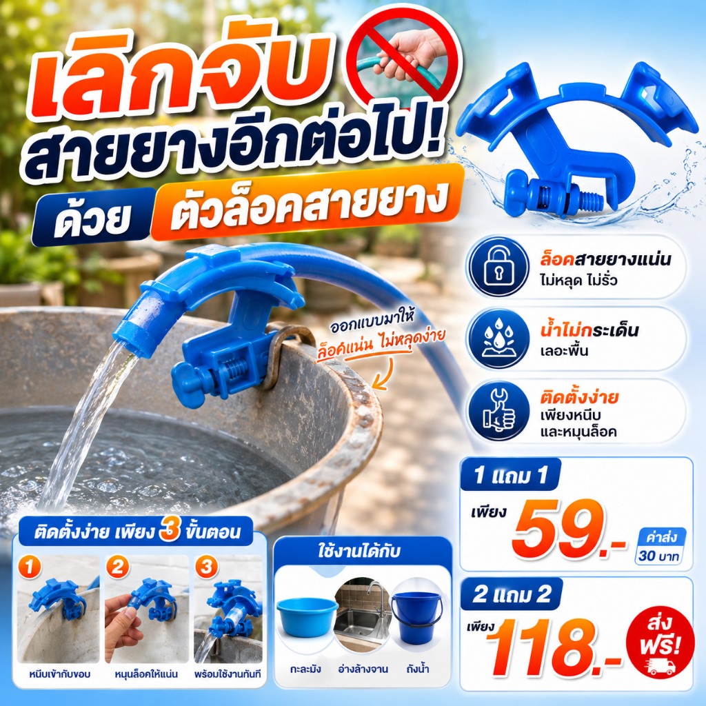 ตัวล็อคจับสายยาง 1แถม1 จับสายยางมาตรฐาน ขนาด 4 หุน ล็อคแน่น (พร้อมจัดส่ง) ในไทย
