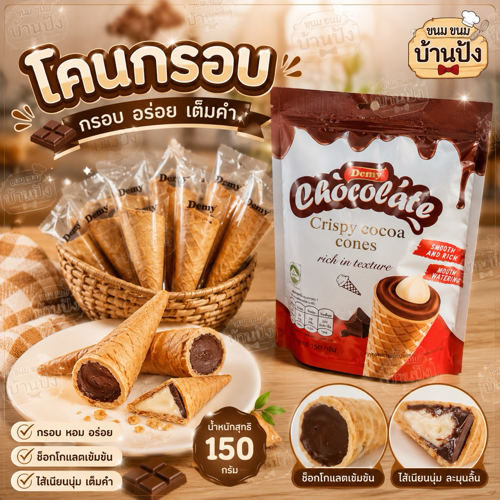 Demy เดมี่ โกโก้โคนกรอบ ขนมบิสกิตโคนกรอบ สอดไส้ครีมรสโกโก้เข้มข้น (150 กรัม/ห่อ) (1 ห่อ)