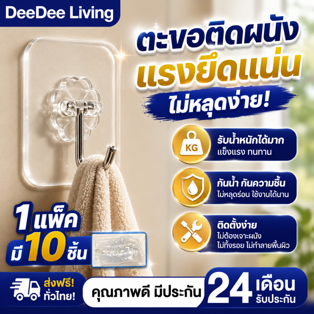 DeeDee ตะขอติดผนัง แท้ 100% รับน้ำหนักได้ 50 kg ตะขอแขวนติดผนัง ไม่ต้องเจาะ ติดทน เหนี่ยวแน่นหนึบ ตะขอแขวนติดผนังไม่เจาะ