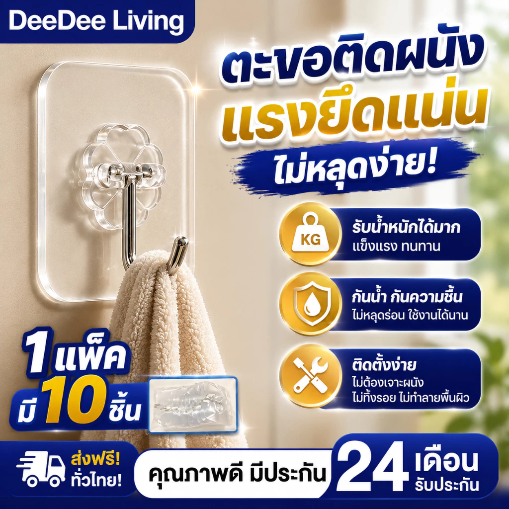 DeeDee ตะขอติดผนัง แท้ 100% รับน้ำหนักได้ 50 kg ตะขอแขวนติดผนัง ไม่ต้องเจาะ ติดทน เหนี่ยวแน่นหนึบ ตะขอแขวนติดผนังไม่เจาะ