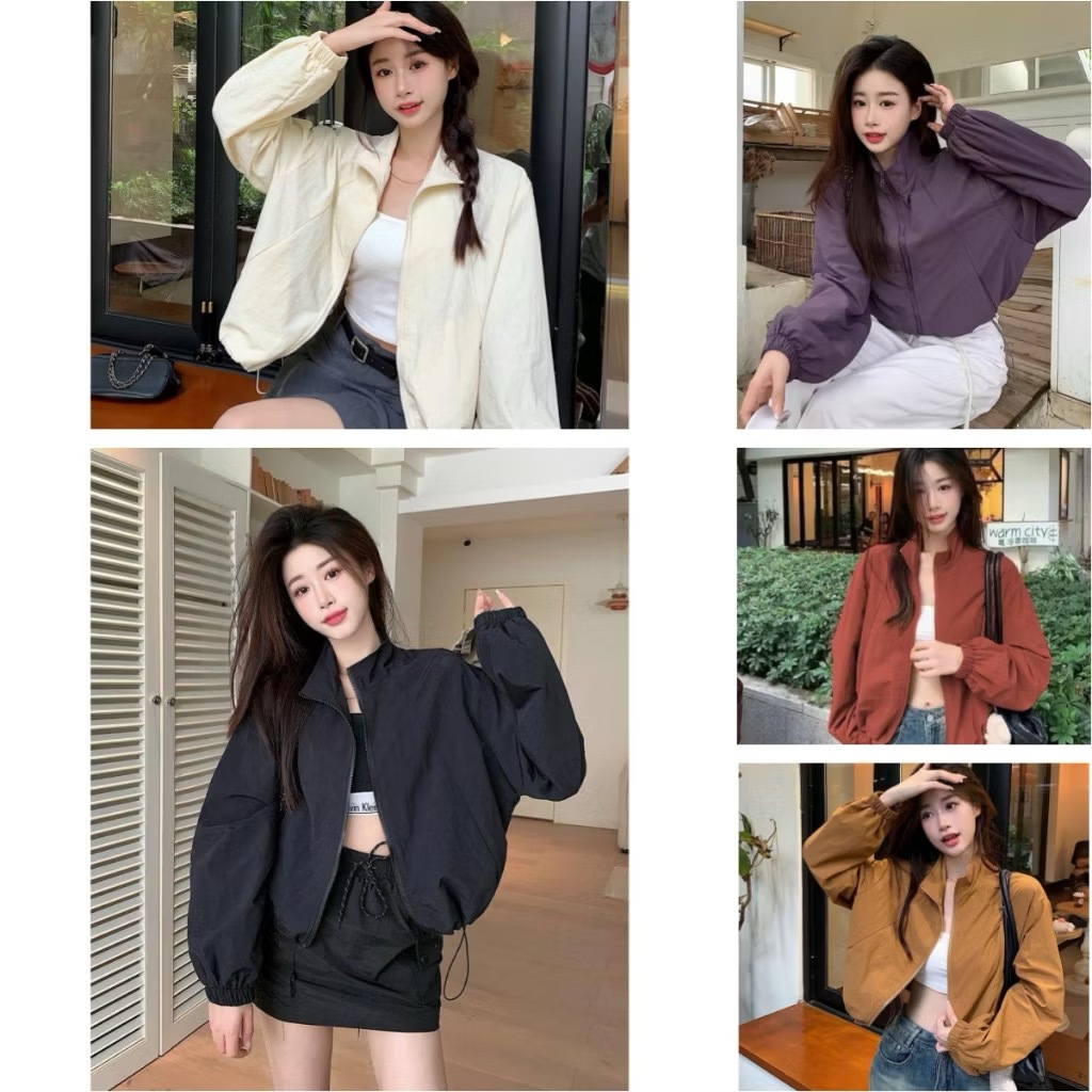 พร้อมส่ง แจ็คเก็ตกันแดดกันแดดสั้นแฟชั่นสําหรับผู้หญิงรุ่นเกาหลี การออกแบบซิปและเชือกผูก ทรงสวย สุดฮิต