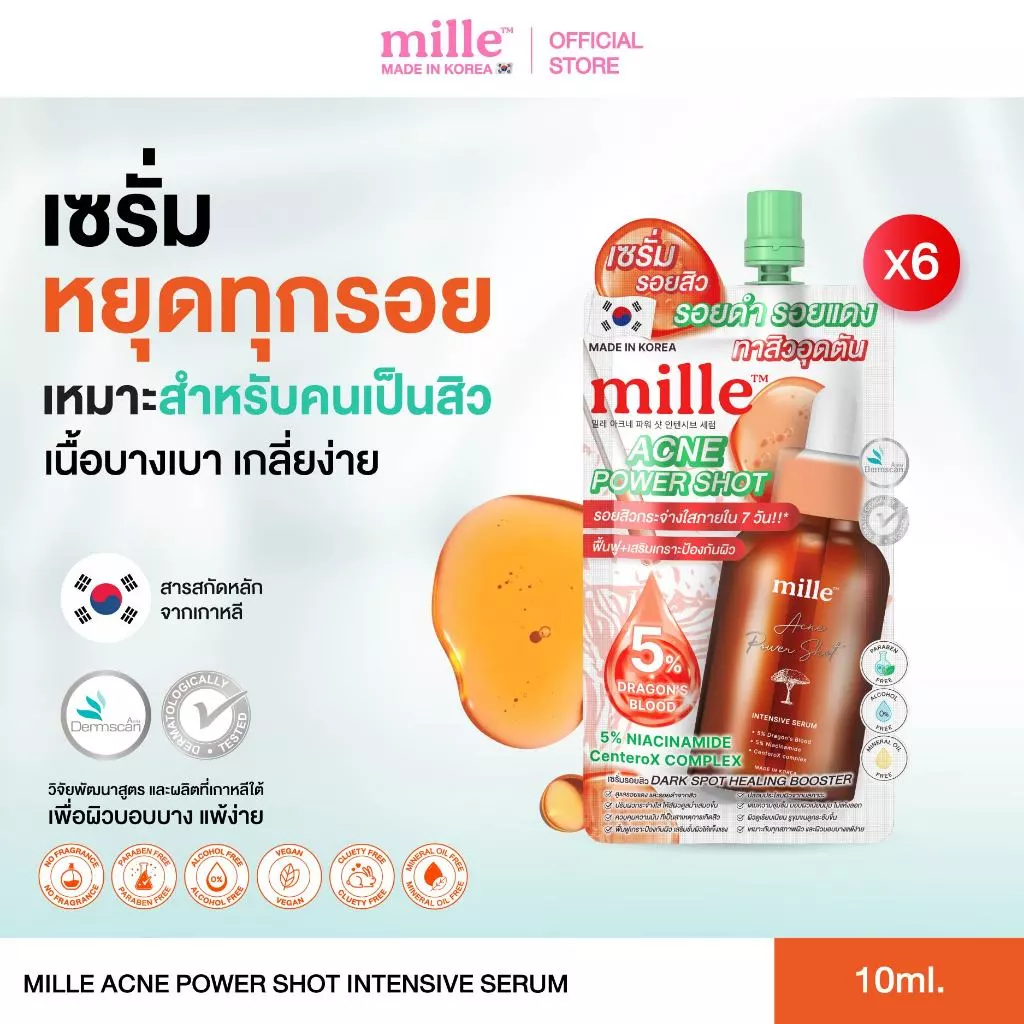 [6 ซอง] MILLE ACNE POWER SHOT INTENSIVE SERUM 10ml. มิลเล่ เซรั่ม