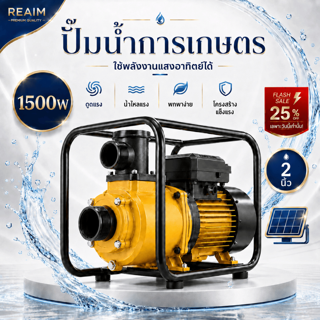 REAIM ปั๊มโซล่า ปั๊มน้ำหอยโข่งโซล่าเซลล์ Solar Water Pump 1500W 2นิ้ว145Vmax DC แบตเตอรี่ หรือ แผงโซล