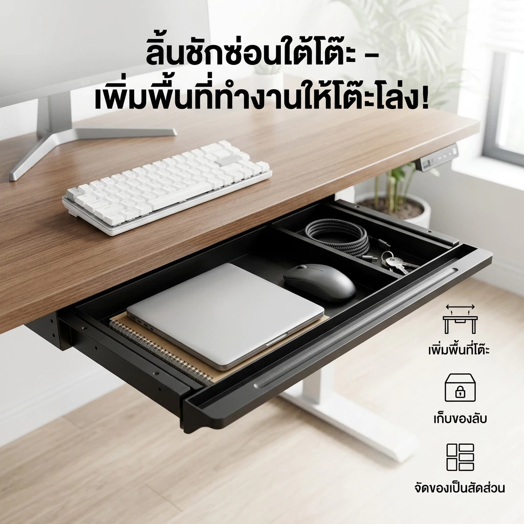 Drawer ลิ้นชักเก็บของแบบสไลด์ ติดใต้โต๊ะ วัสดุคุณภาพดี รับน้ำหนัก 15Kg ไม่ต้องเจาะ ประหยัดพื้นที่ ห้องทำงาน ห้องครัว