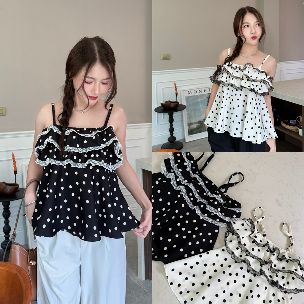 M11-Polka Lace Cami 🎀 สายเดี่ยวลายจุดแต่งระบายลูกไม้สายปรับได้