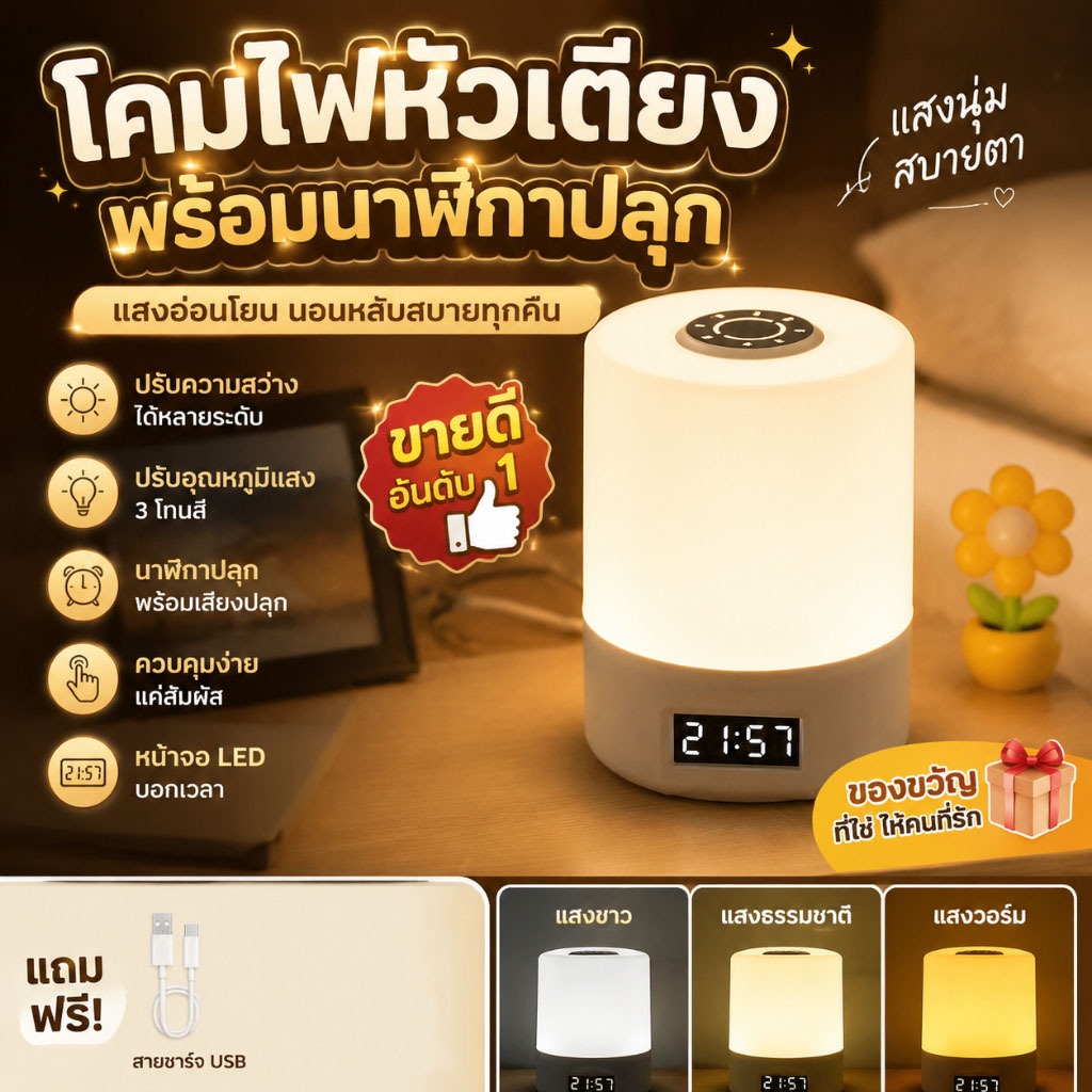 โคมไฟตั้งโต๊ะ LED อเนกประสงค์ มีจอเวลา ไฟ 3 โหมด ปรับความสว่างได้ สำหรับอ่านหนังสือ ทำงาน นอนพัก ประหยัดพลังงาน