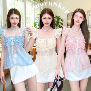 🔥aimorn_shop🔥 เสื้อระบายไหล่ แต่งลูกไม้ เป็นแค่กระดุมหน้าสวยมาก งานหรูหรา งานผ้าพริ้วใส่สบาย