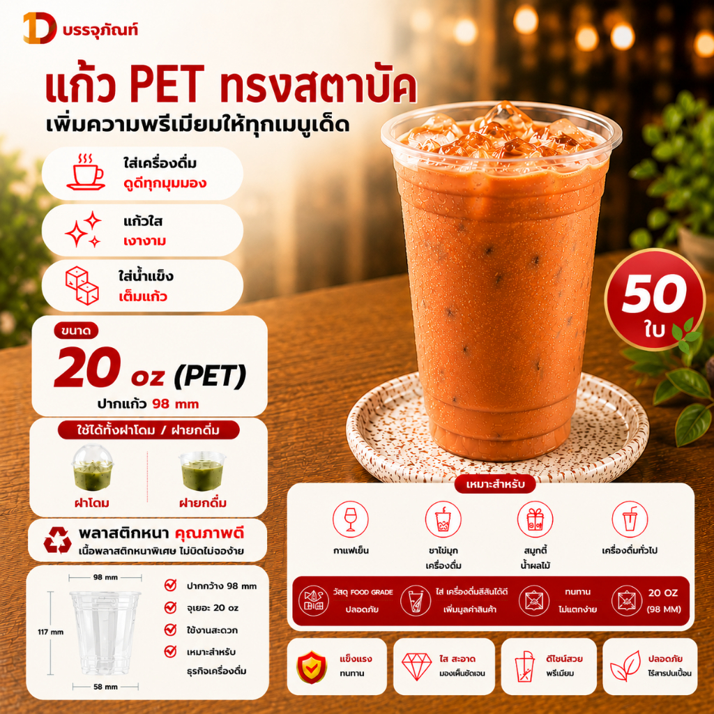 CPE- แก้ว  แก้วพลาสติก PET 20 ออนซ์ ปาก 98 หนาพิเศษ +พร้อมฝา (50ใบ)