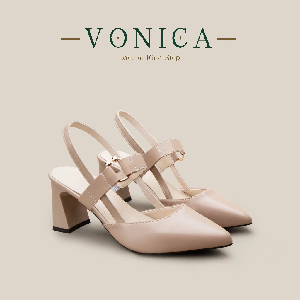 VONICA รองเท้าแมรี่เจนผู้หญิง เปิดส้น ส้นบล็อก หัวแหลม รองเท้าแตะ สไตล์เรียบหรู สะดวกใส่ทำงาน