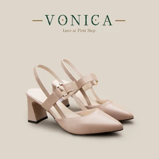 VONICA รองเท้าแมรี่เจนผู้หญิง เปิดส้น ส้นบล็อก หัวแหลม รองเท้าแตะ สไตล์เรียบหรู สะดวกใส่ทำงาน