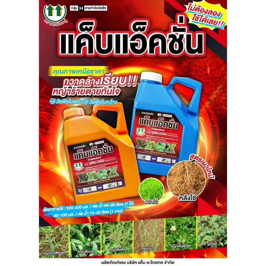 แค็บแอคชั่น (แกลอนสีน้ำเงิน/สีส้ม) ขนาด4ลิตร น้ำสีฟ้า ปราบวัชพืชทั้งใบแคบและใบกว้าง ในนา ในสวน ในไร่