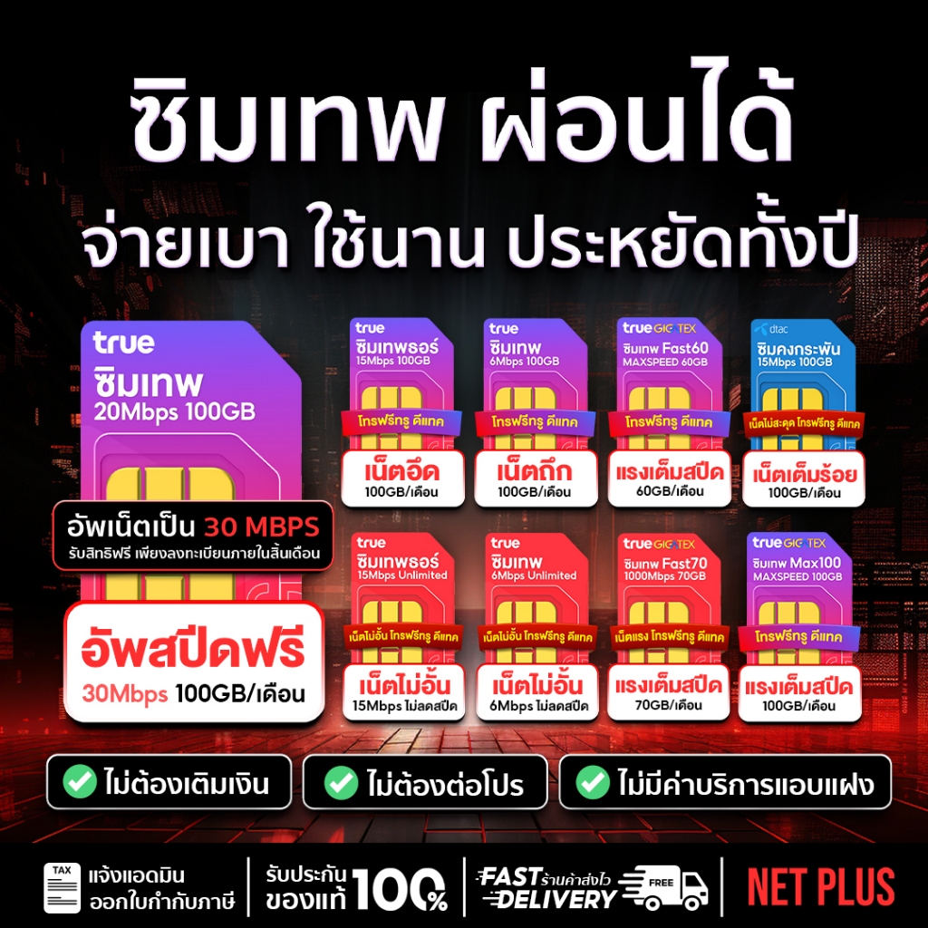 (ผ่อนชำระ 0%) ของแท้รับประกัน ซิมเทพ ซิมเน็ตรายปี ทุกค่าย TRUE,DTAC, ซิมเน็ตทรู ส่งฟรี เก็บปลายทาง netplusmall