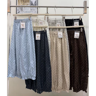 Gang_jeans#9527(K)🚩กางเกงขายาวลายจุด Polka Dot ผู้หญิง ทรงกระบอกหลวม เอวสม็อค แฟชั่นเกาหลี