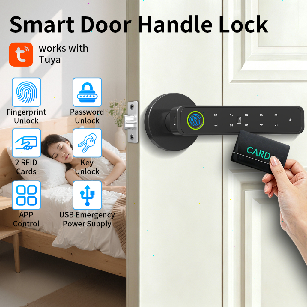 Tuya Bluetooth Smart Fingerprint Door Lock Door Handle Lock with Password Mechanical Key Suitable fo