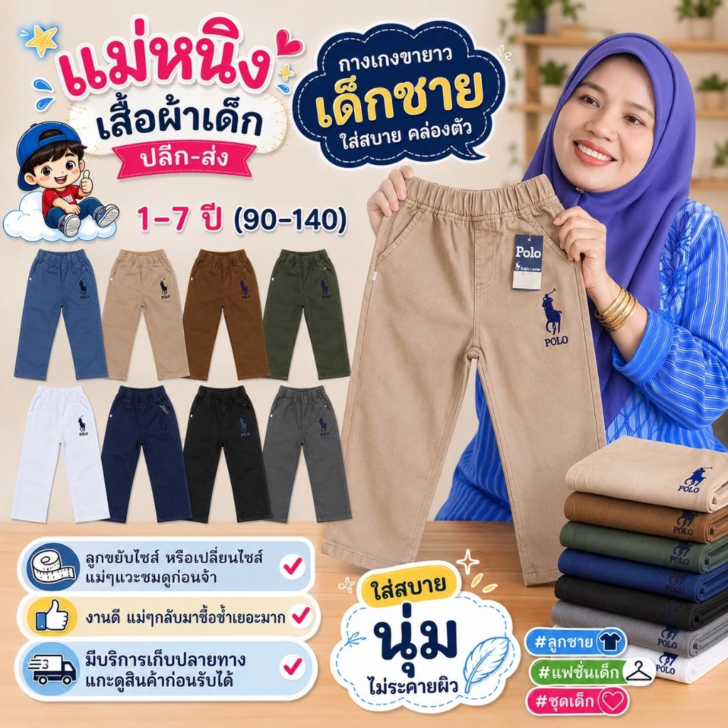 กางเกงขายาว🔥ปักม้า🔥ขาปล่อย เด็กชาย ผ้าดีมาก สีสด สีไม่ได้ตก ผ้าไม่หด