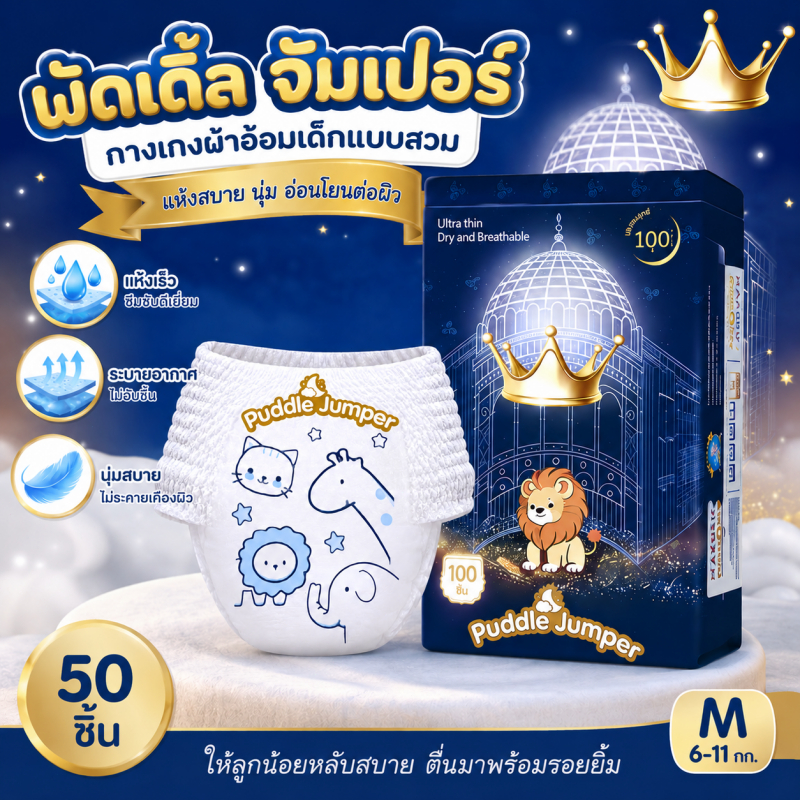 Puddle Jumper 50ชิ้น แพมเพิสเด็ก ผ้าอ้อม กางเกง นุ่ม บางเบา เทป เด็ก M-5XL BABY DIAPER PANTS