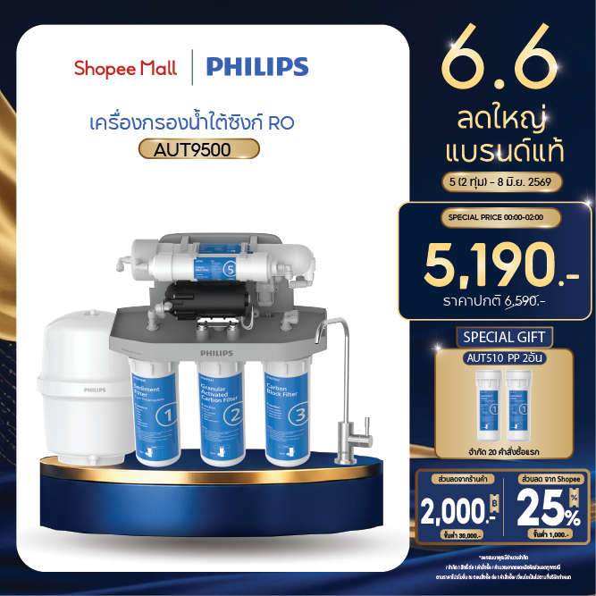 Philipswater AUT9500 / AUT9510 เครื่องกรองน้ำดื่มใต้อ่างล้างจาน กรองแบบ 5 ขั้นตอน ระบบการกรอง RO Reverse Osmosis