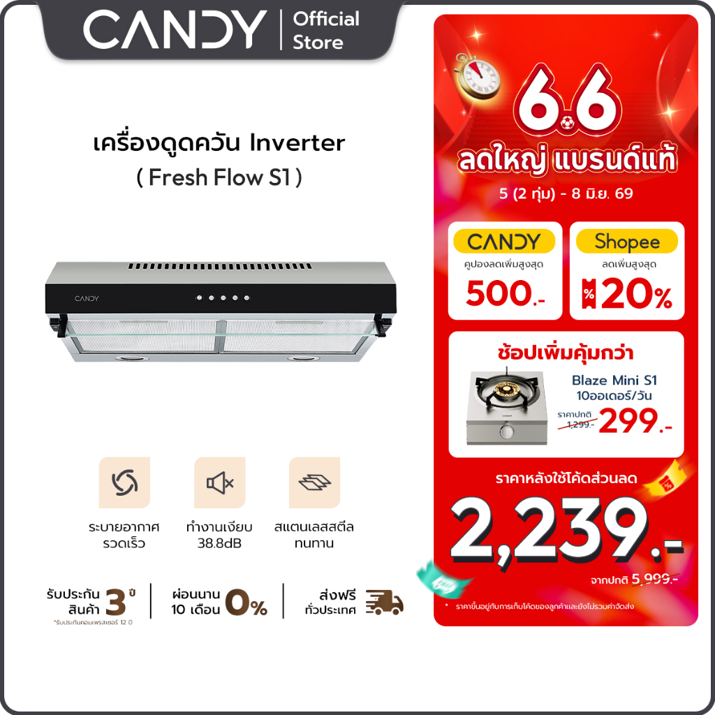 Candy เครื่องดูดควันสเตนเลส ระบบกรองควันและกลิ่น 6 ขั้นตอน มอเตอร์ Inverter CTH-U4601S รับประกัน 3 ปี Kitchen Rang Hood