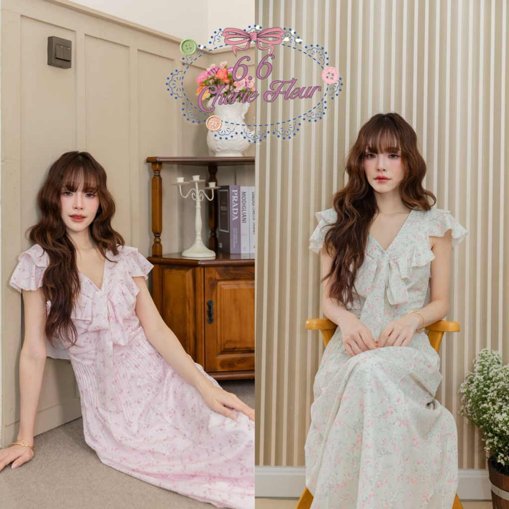 on.december25 เดรส Cherie floral 2 สี ชมพูและเขียวมิ้น