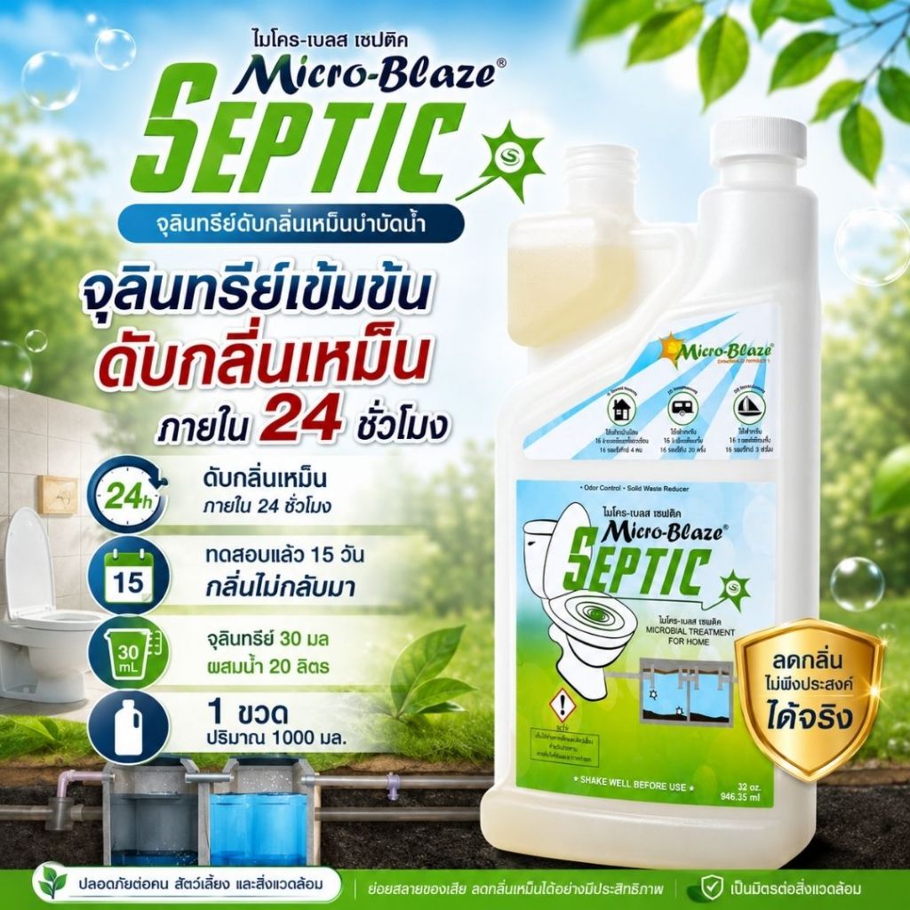 Micro-Blaze SEPTIC จุลินทรีย์ดับกลิ่นห้องน้ำ กลิ่นส้วม บ่อเกรอะ กลิ่นท่อ สูตรเข้มข้น ปลอดภัย มี อย.