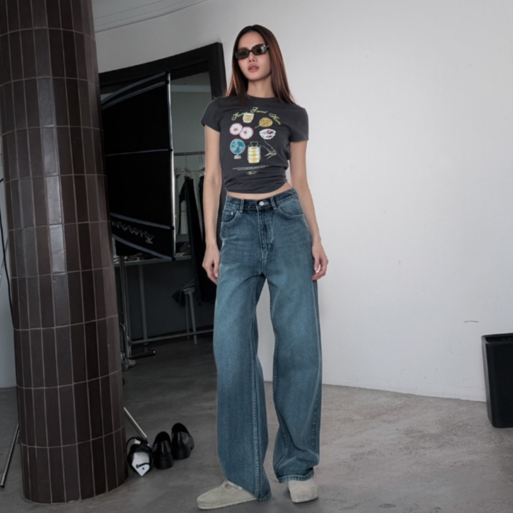 ยีนส์ Nammon Jeans NM20 กางเกงยีนส์กระบอกใหญ่เรียบเทาหม่น รุ่น Buddy honey brown - ผ้าไม่ยืด