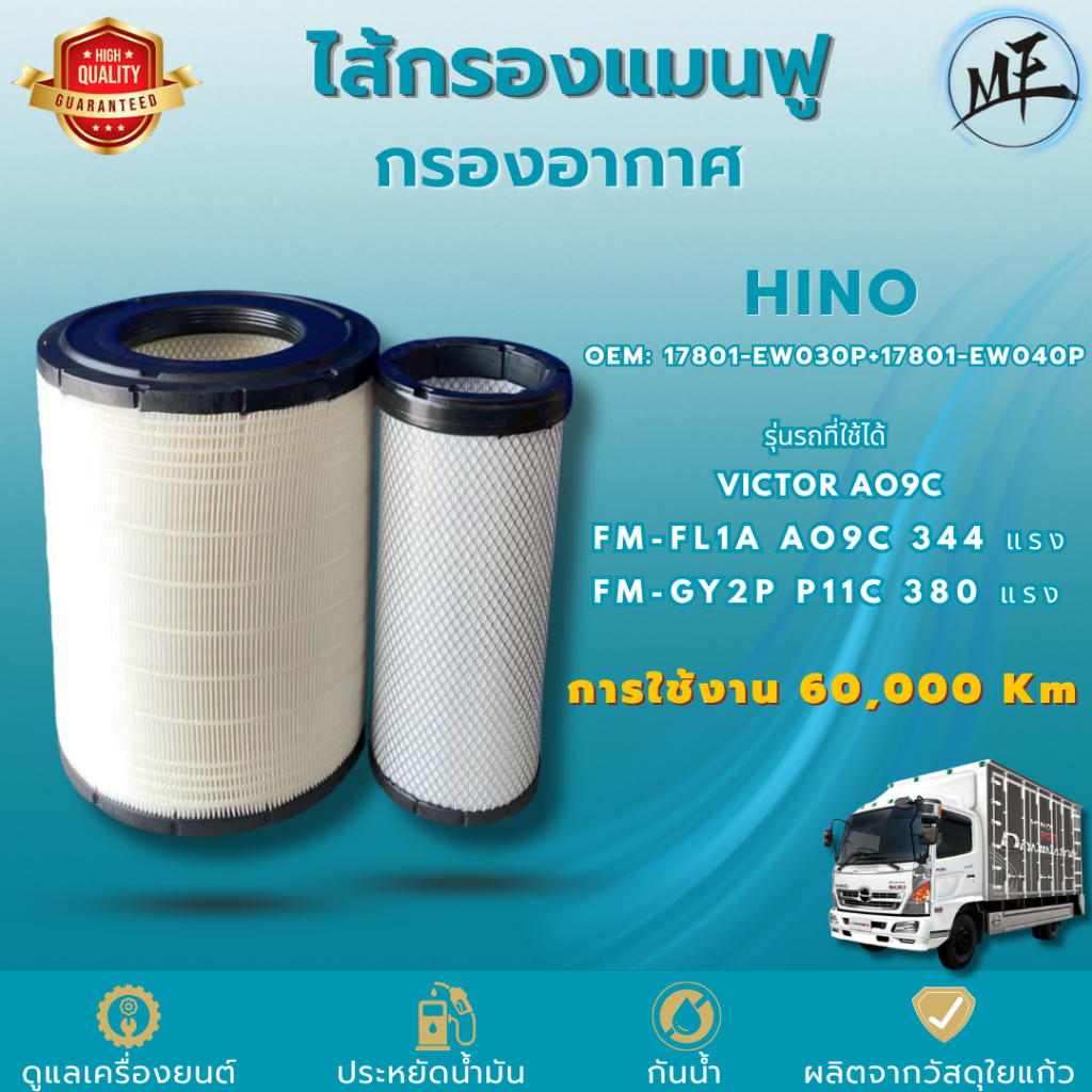 ไส้กรองแมนฟู กรองอากาศใยแก้ว 60,000 กม. ฮีโน่  Victor FM1A A09C , FM2P P11C 17801-EW030P 17801-EW040