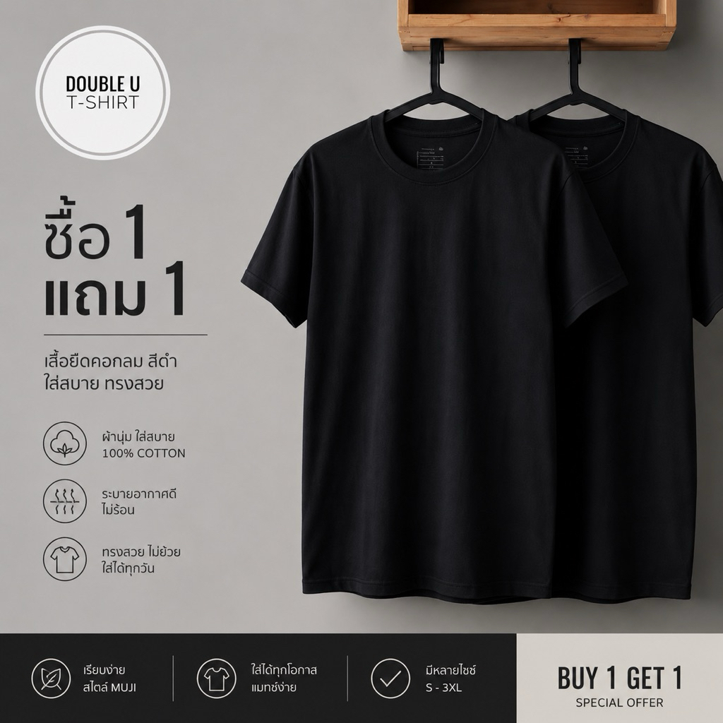 Double Black T-Shirt (เสื้อยืดสีดำล้วน คอกลม) Buy 1 Get 1 Free ซื้อ 1 แถม 1 ผ้าคอตตอน100% ไม่มีการเย็บตะเข็บข้างตัวเสื้อ