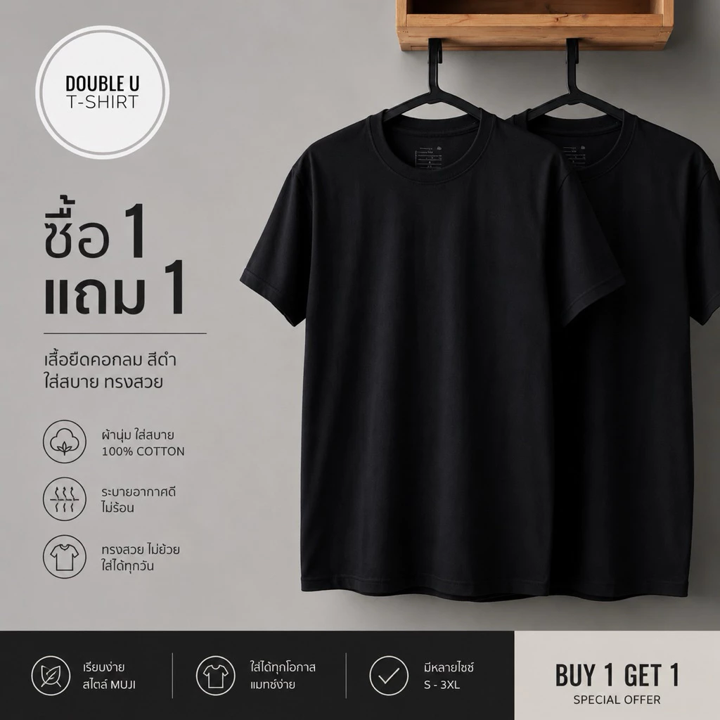 Double Black T-Shirt (เสื้อยืดสีดำล้วน คอกลม) Buy 1 Get 1 Free ซื้อ 1 แถม 1 ผ้าคอตตอน100% ไม่มีการเย็บตะเข็บข้างตัวเสื้อ