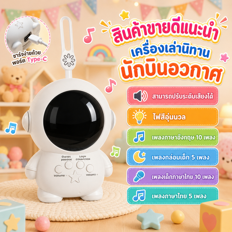 เครื่องเล่านิทานเสริมพัฒนาการเด็ก ดีไซน์นักบินอวกาศ หุ่นยนต์พูดได้ นิทานไทยและเพลงกล่อม ชาร์จ Type-C