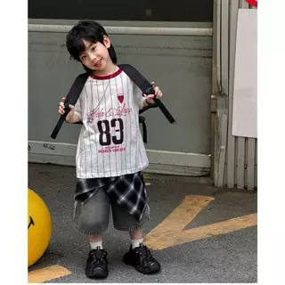 [ส่งไวจากไทย] *แค่เสื้อ* เสื้อแขนสั้นเด็ก สกรีน 83 แนวสปอร์ตลุค สีขาวแดง ทรงโอเวอร์ไซส์ สไตล์เกาหลี เหมาะสำหรับ 5-14 ปี
