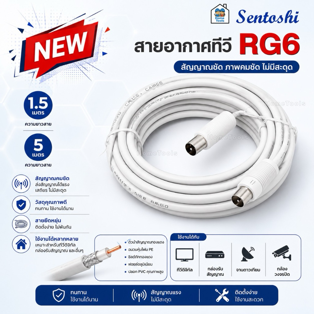 SENTOSHI สาย RG6 สายอากาศทีวี TV 1.5 / 5 เมตร สายนำสัญญาณ