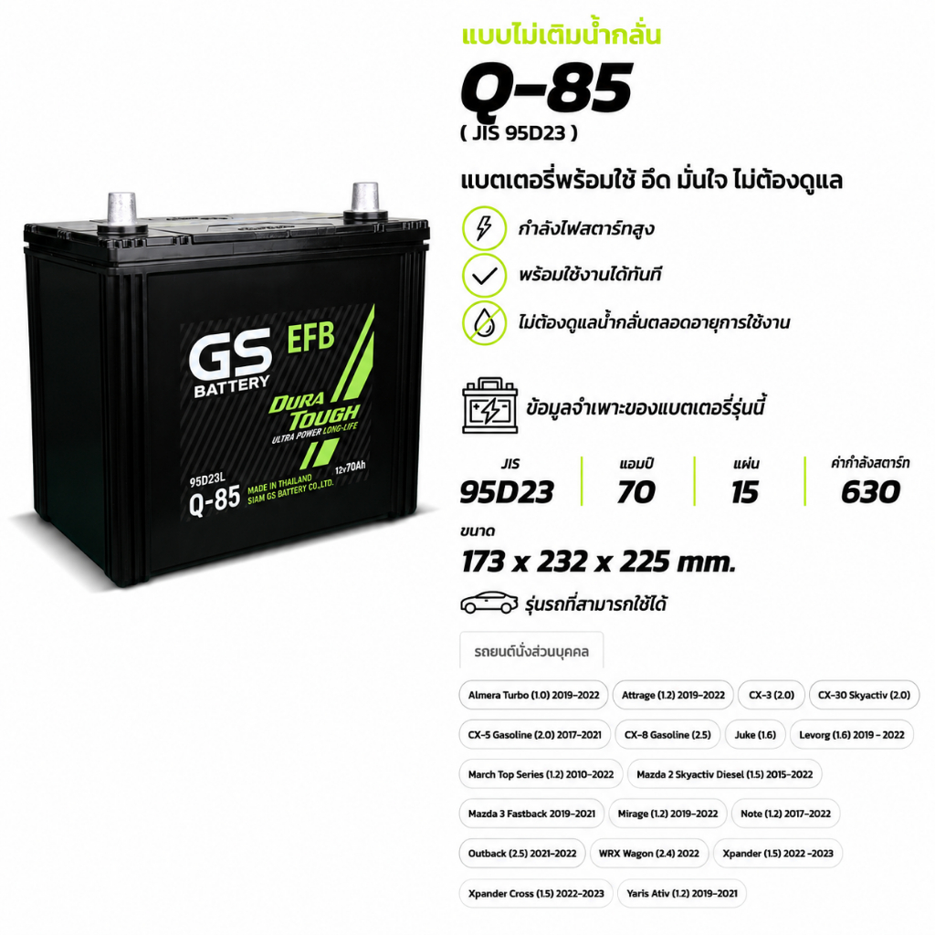 แบตเตอรี่ GS Q-85 ISS (MF:EFB) 70Amp. (JIS 95D23) แบตรถยนต์ พร้อมใช้ ชาร์จไฟมาแล้ว จัดส่งไว