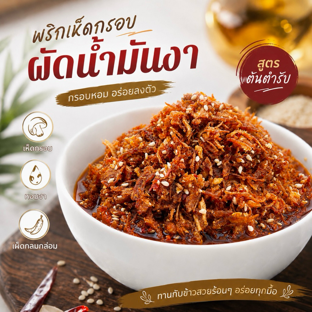 พริกเห็ดกรอบ ผัดน้ำมันงา ย่าขอ รสชาติเข้มข้น หอมกลิ่นน้ำมันงา มังสวิรัติทานได้