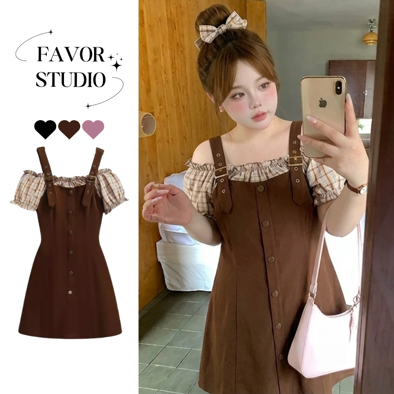 เติมสต๊อกแล้ว❗【ใหม่】S-6XL เดรสเอี๊ยมแขนตุ๊กตา ลายสก็อต สไตล์เกาหลี ใส่สบาย มีสไตล์ เดรสสาวอวบ พลัสไซซ์ ชุดออกงาน