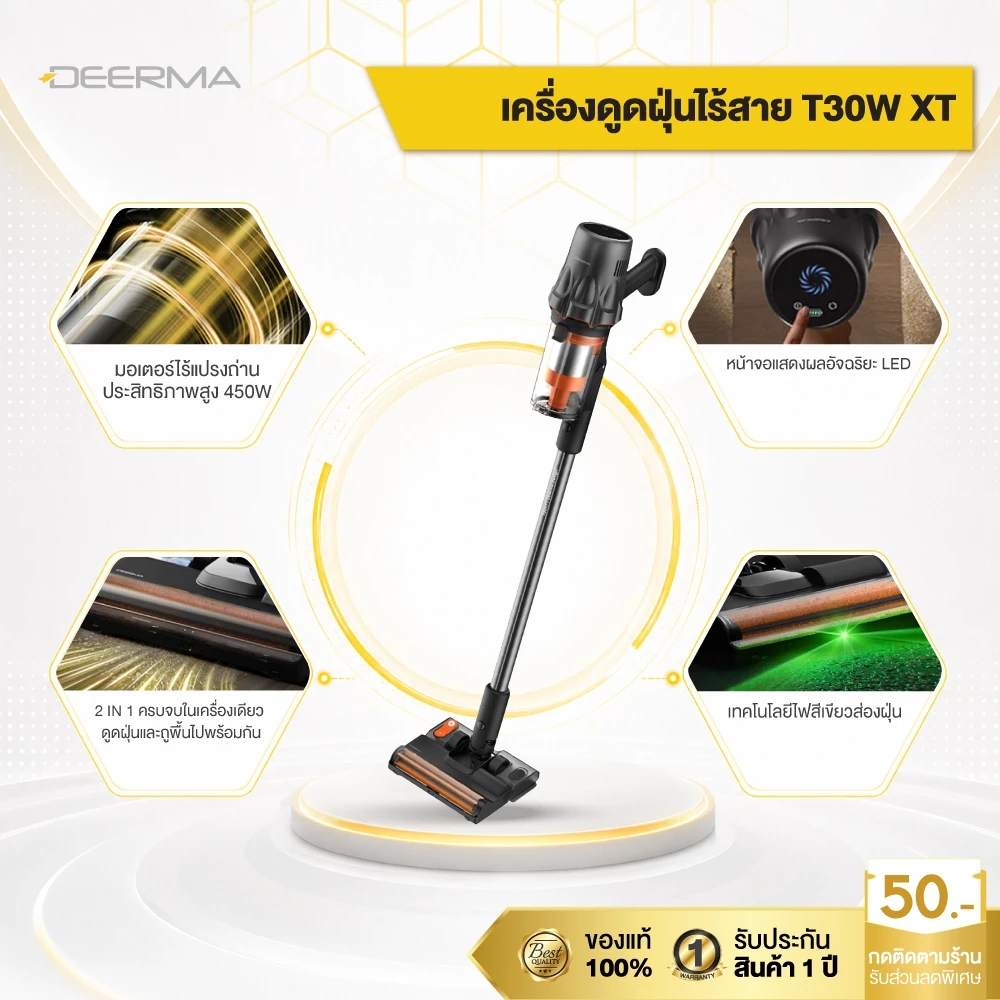 Deerma เครื่องดูดฝุ่นไร้สาย T30W XT ไฟส่องฝุ่น Cordless Vacuum Cleaner เครื่องดูดฝุ่นมือถือ 27kPa พกพาสะดวก thumbnail 3