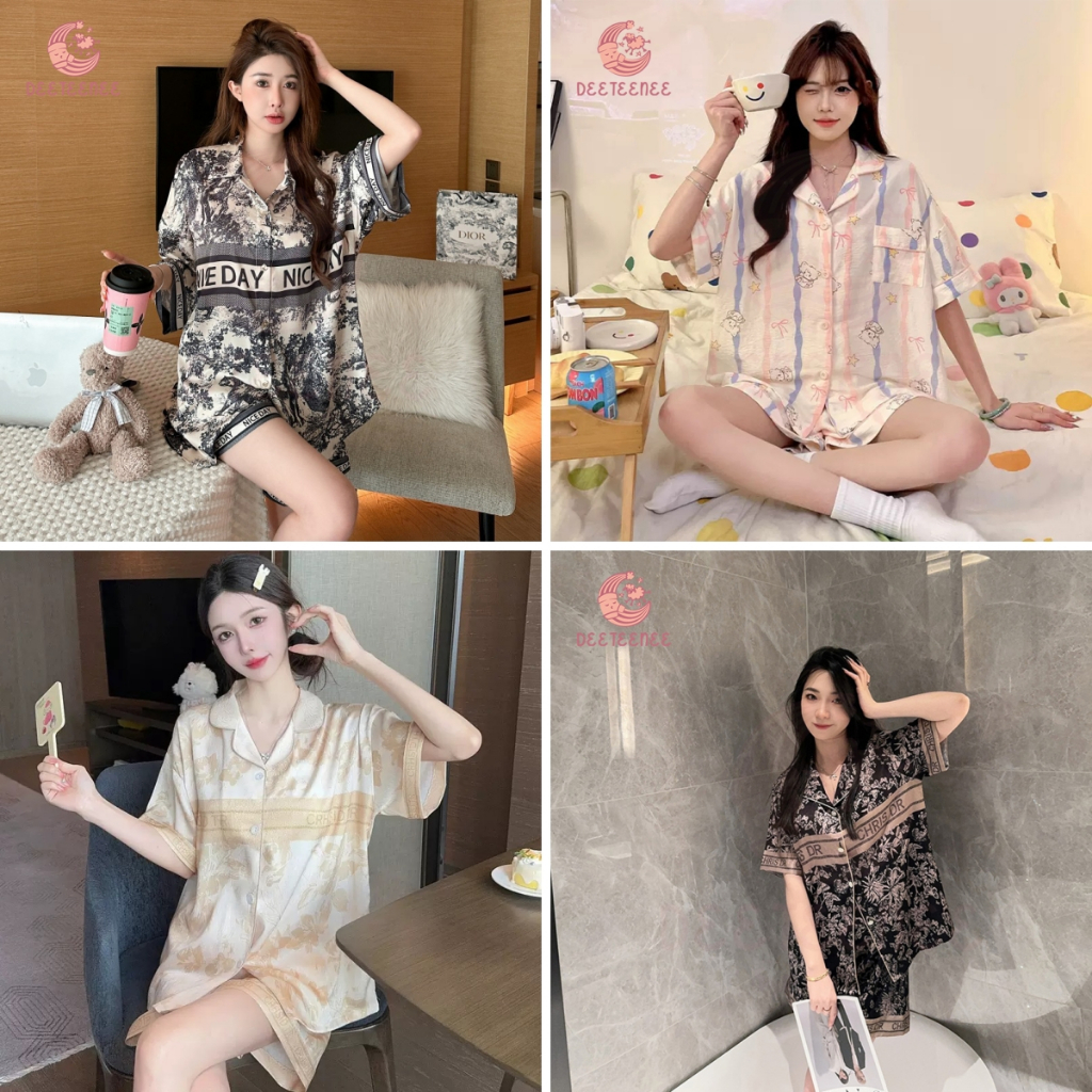 deeteenee ชุดนอน แขนสั้นขาสั้น คอปก ผู้หญิง น่ารักๆผ้าซาตินนิ่มใส่สบาย สีสวยสด สไตล์เกาหลี