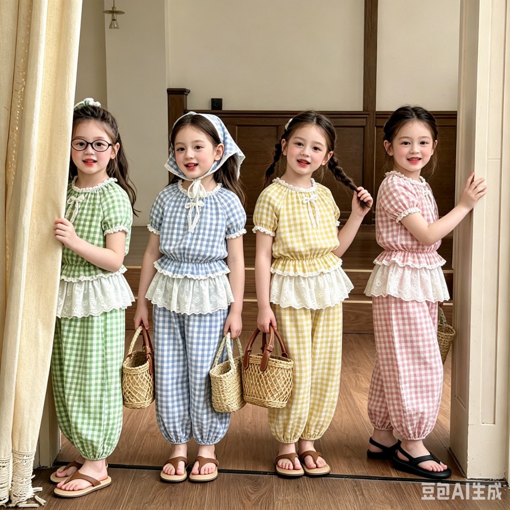 MC308  ชุดเจ้าหญิงเด็กหญิง ลายสก็อตสีพาสเทล พร้อมผ้าคลุมศีรษะน่ารัก