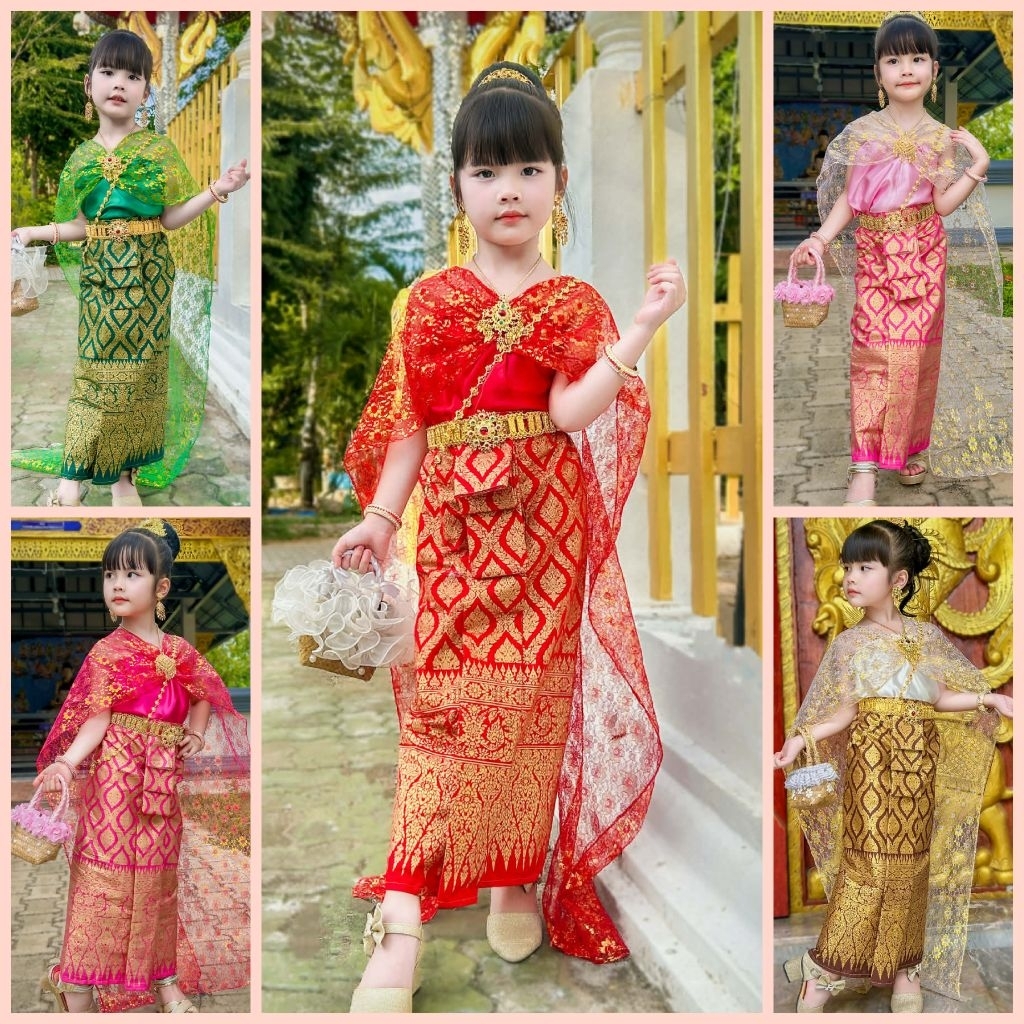 ผ้าพิมทอง3-10ปีสไบและผ้าถุงเป็นยางยืดมีให้เลือก8ขนาด ราคาไม่รวมเครื่องประดับ