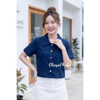 เสื้อผ้าฝ้ายคอปกใหญ่ กระดุมพาสเทล