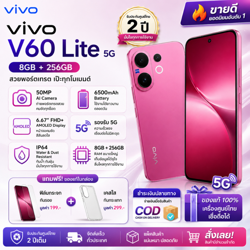 🎁 vivo V60 Lite 5G 8GB+256GB | แบต 6500mAh | กล้อง AI 50MP | ชาร์จไว | เครื่องใหม่แท้ สินค้าขายดี