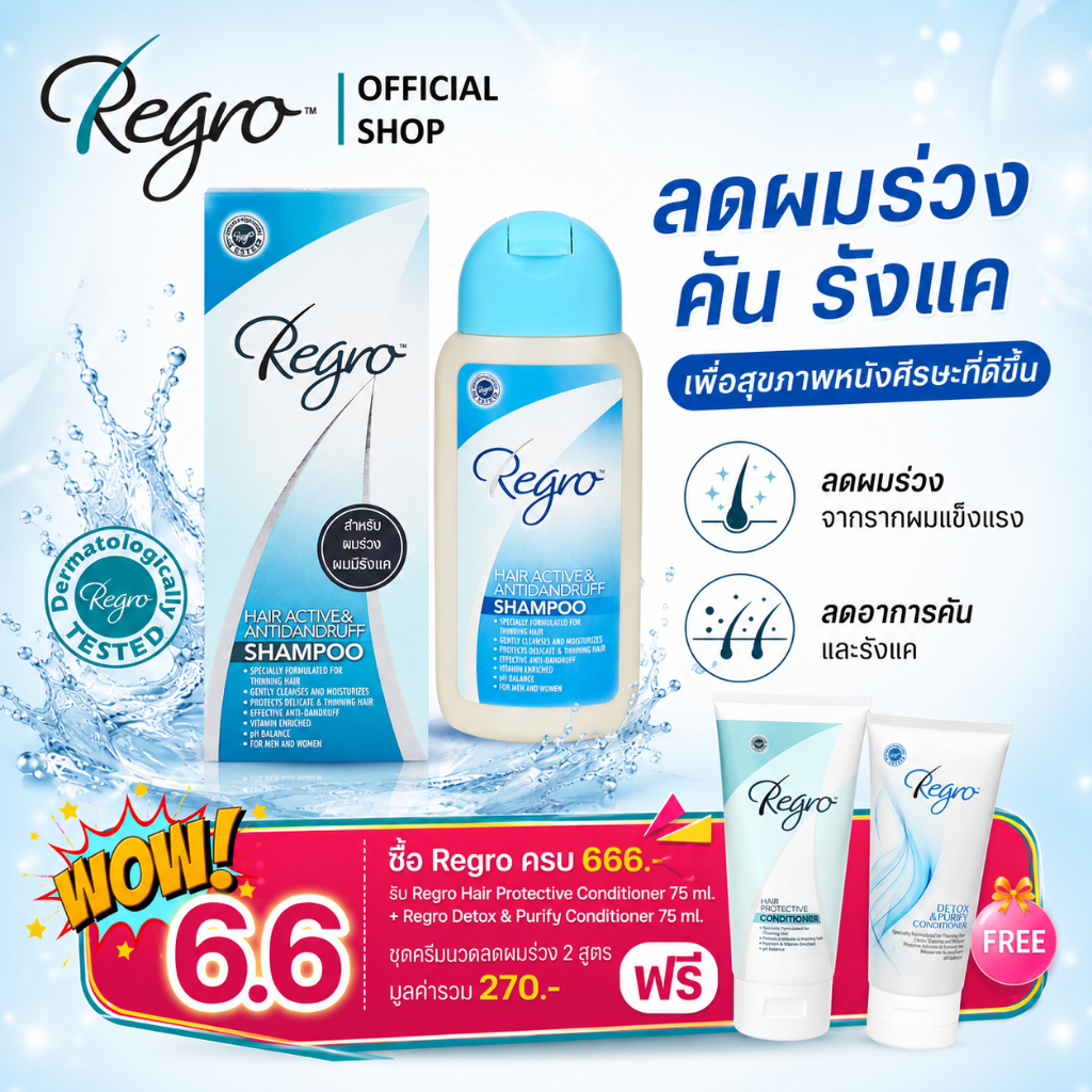 Regro Hair Active & Ant-Dandruff Shampoo 200 ml. แชมพูลดผมร่วง ลดอาการคันหนังศีรษะ และลดรังแค