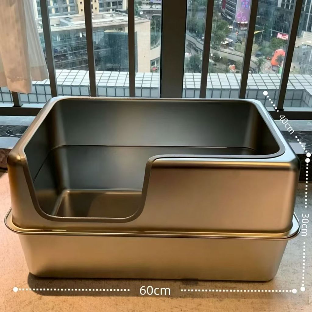 กระบะทรายแมวสแตนเลส XL 60cm แบบเปิด ทรงสูง กันทรายกระเด็น ทนทาน ทำความสะอาดง่าย ไม่เก็บกลิ่น (Stainless Cat Litter)