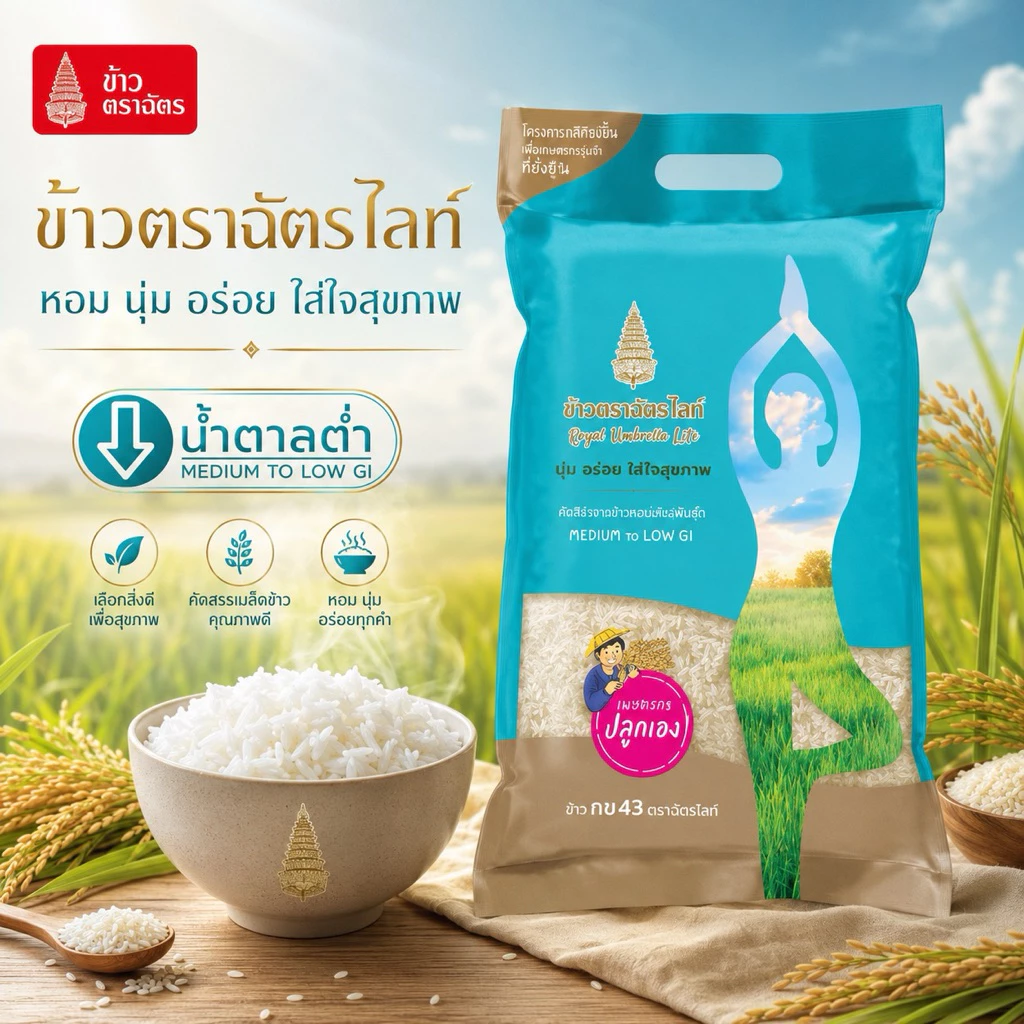 ข้าวตราฉัตรไลท์ ข้ว กข มีหลายสูตร ข้าวหอมมะลิ 100% ข้าวเสาไห้ ข้าวอุบล ข้าวหอมผสม ข้าวหอมมะลิ