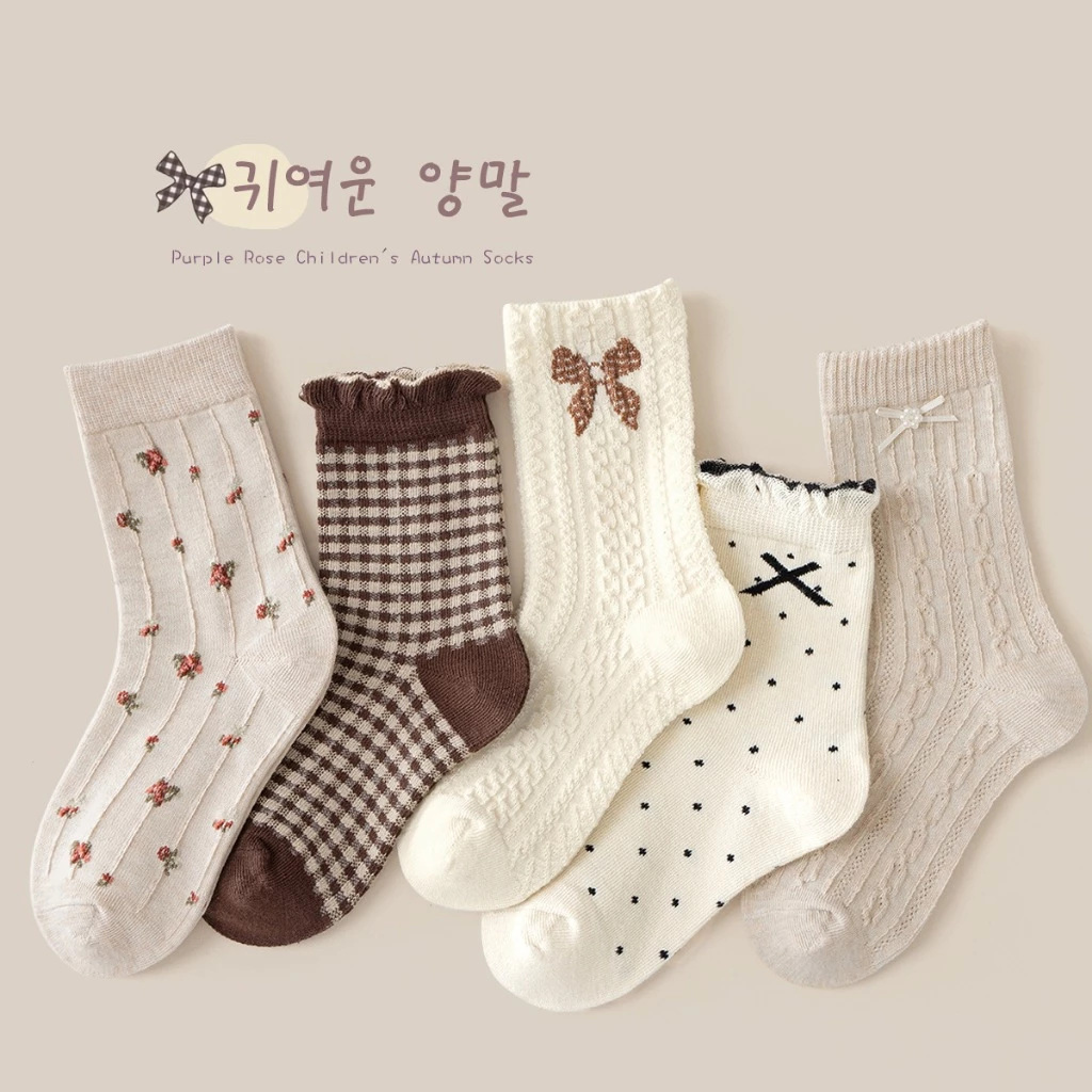 Little Piglet 🐷 พร้อมส่ง ถุงเท้าเด็กหญิง น่ารัก สไตล์เกาหลี สีน้ำตาล ม่วง ดำ แดง นุ่ม 2-12 ปี