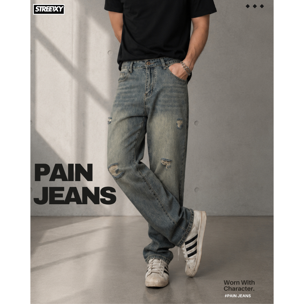 STREETXY กางเกงยีนส์เข่าขาดสีวินเทจ PAIN JEANS