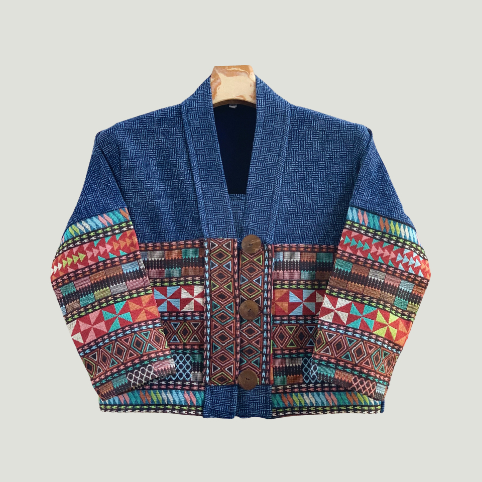 เสื้อคลุมผ้าฝ้ายเกล็ดเต่าสโตนแต่งผ้าทอชาวเขา สีไม่ตกไม่หด ใส่คลุมทำงาน ใส่เที่ยวสวยโดนเด่น สวมใส่สบาย สไตล์ล้านนา