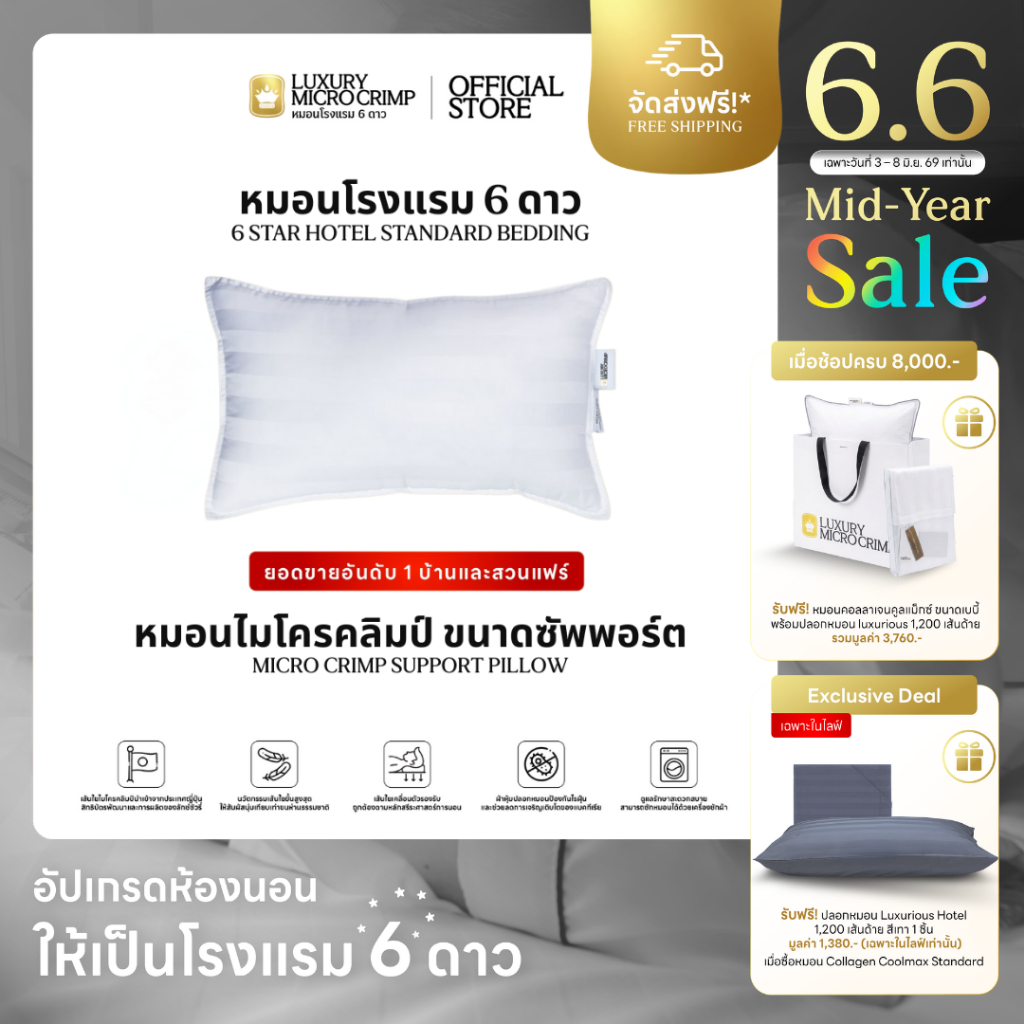 MICRO CRIMP SUPPORT PILLOW (หมอนไมโครคลิมป์ ขนาดซัพพอร์ต ปลอกหมอนเย็บติด)