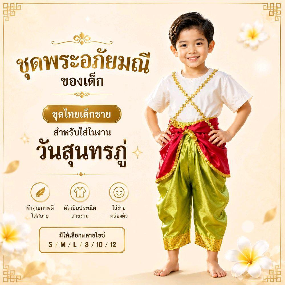 ชุดพระอภัยมณี ชุดแฟนตาซีเด็ก ชุดวรรณคดีไทยเด็ก กโจงกระเบนสีเขียว ผ้าคาดแดง